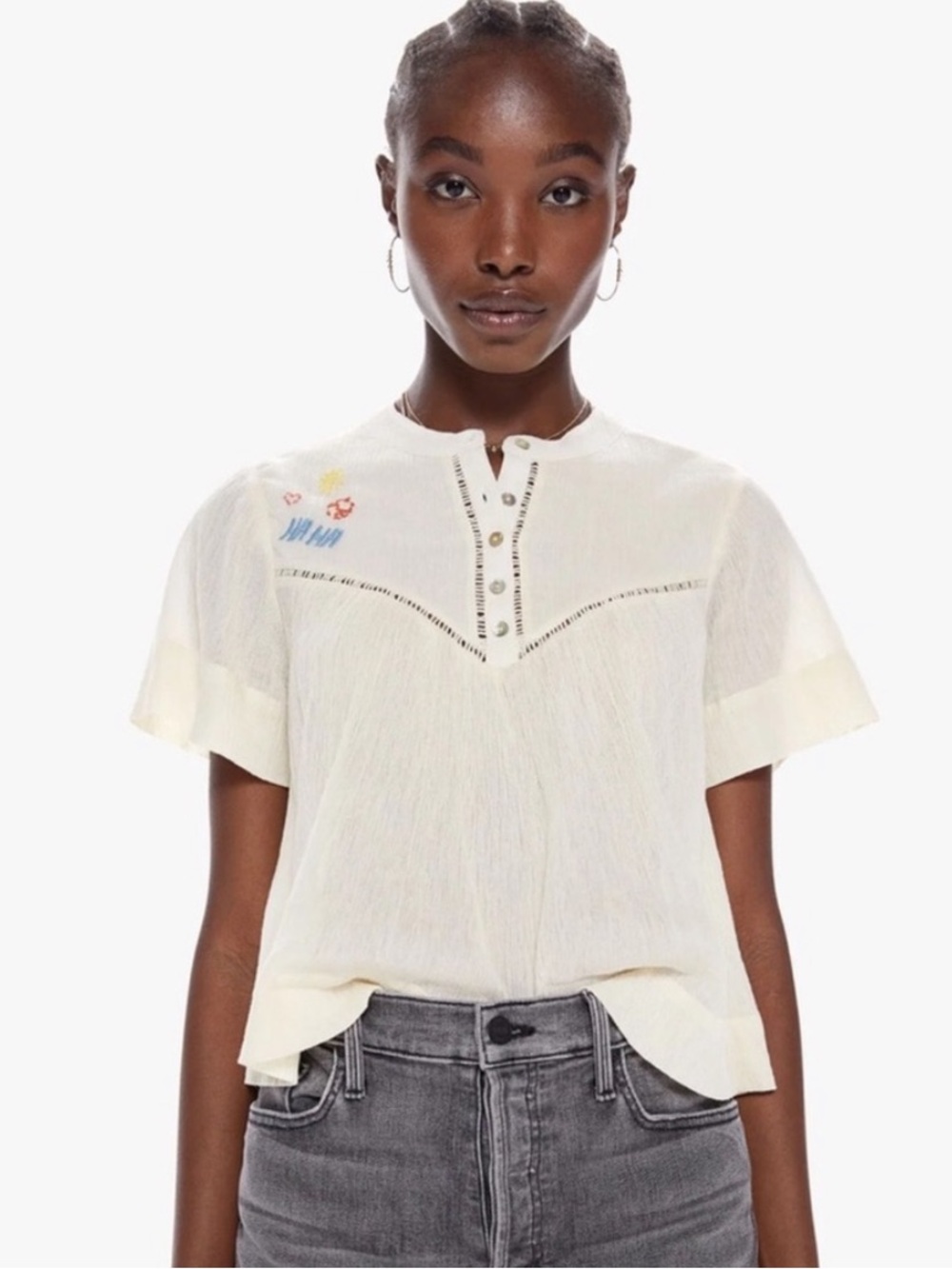 MOTHER Giggler Short-Sleeve Embroidered Top